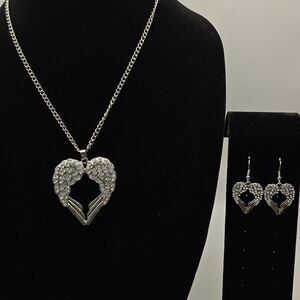 Silver Heart Made Of Wings Pendant Necklace and Earring Set